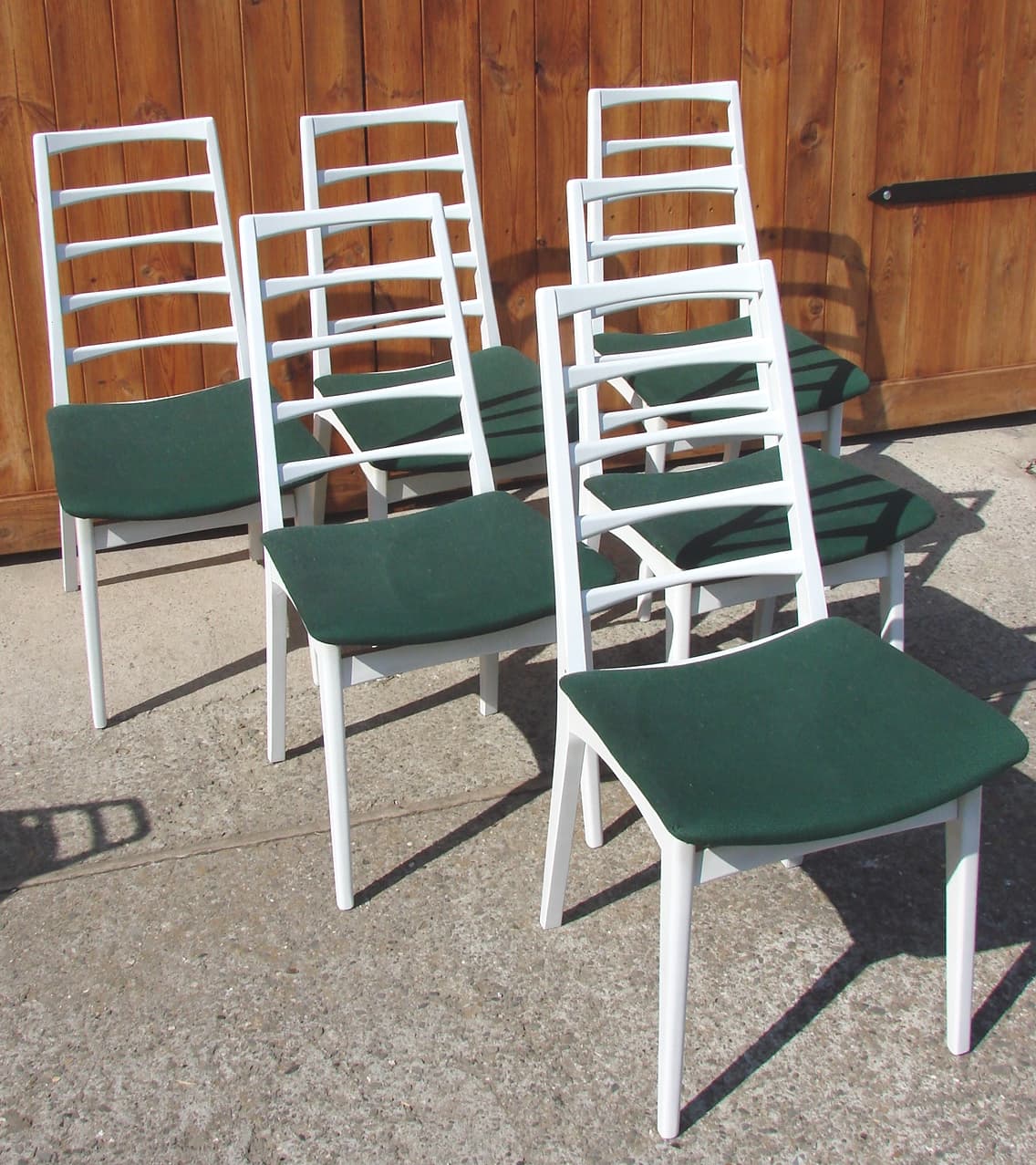 Set of six chairs, white wood, green fabric, 1970s - 192209
