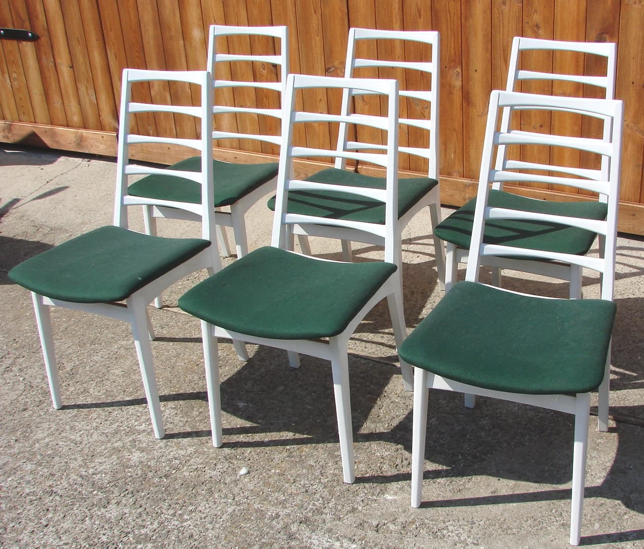 Set of six chairs, white wood, green fabric, 1970s - 192200