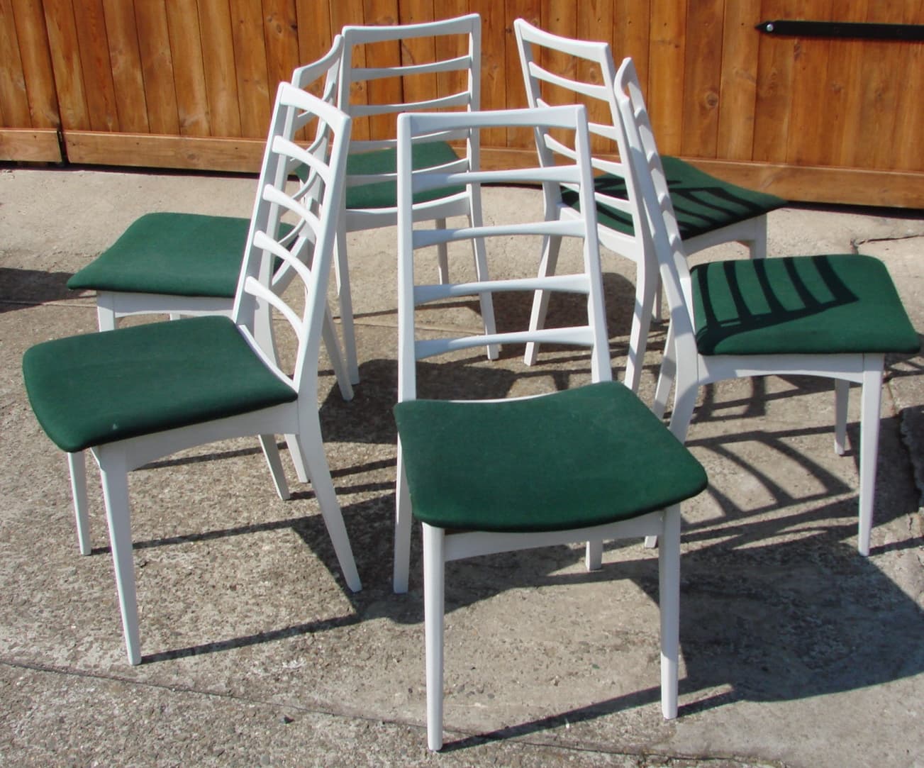 Set of six chairs, white wood, green fabric, 1970s - 192203