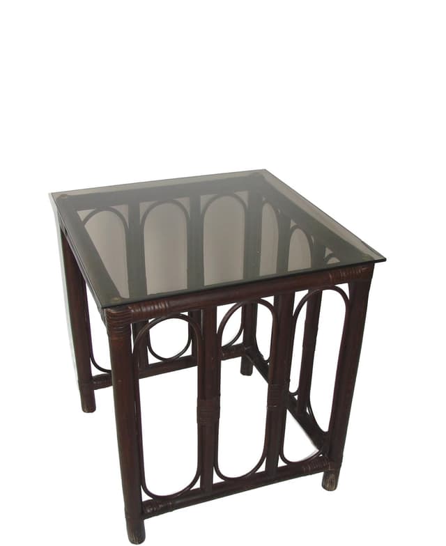 Stolik pomocniczy, rattan brązowy ciemny, szkło przyciemniane, lata 70. - WYMIARY