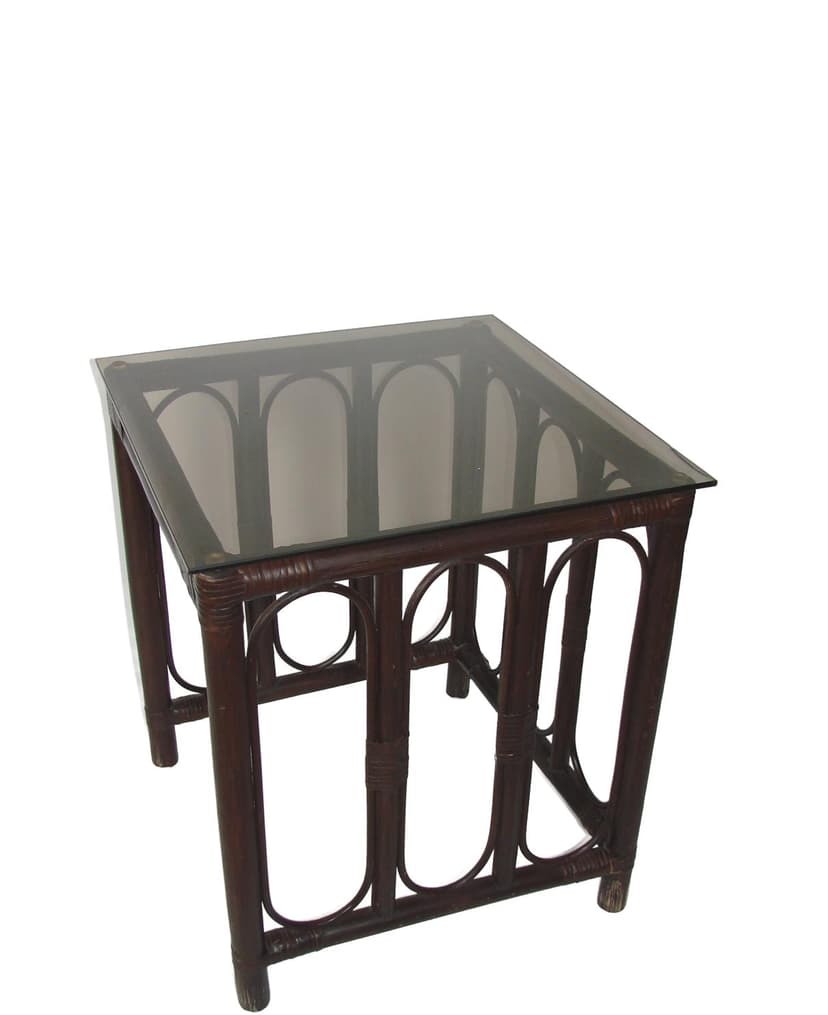 Stolik pomocniczy, rattan brązowy ciemny, szkło przyciemniane, lata 70.