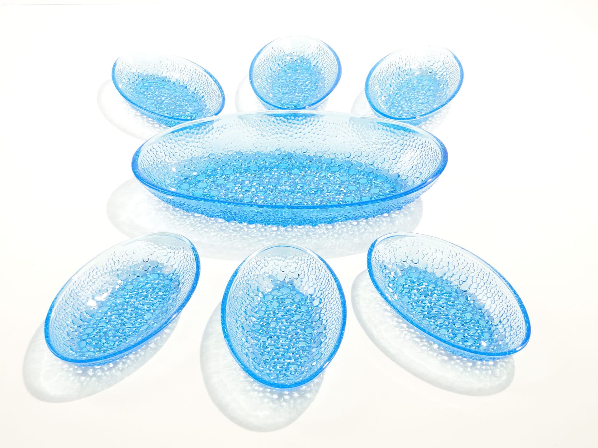 Tableware set Asteroid, blue glass, by J. S. Drost, Ząbkowice, Poland, 1960s. - 192437