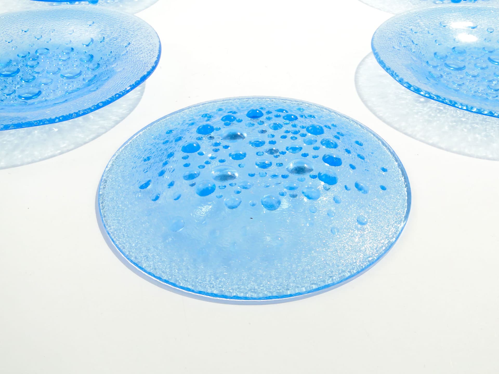 Set of dessert plates Asteroid, blue glass, by J. S. Drost, Ząbkowice, Poland, 1960s. - 192446