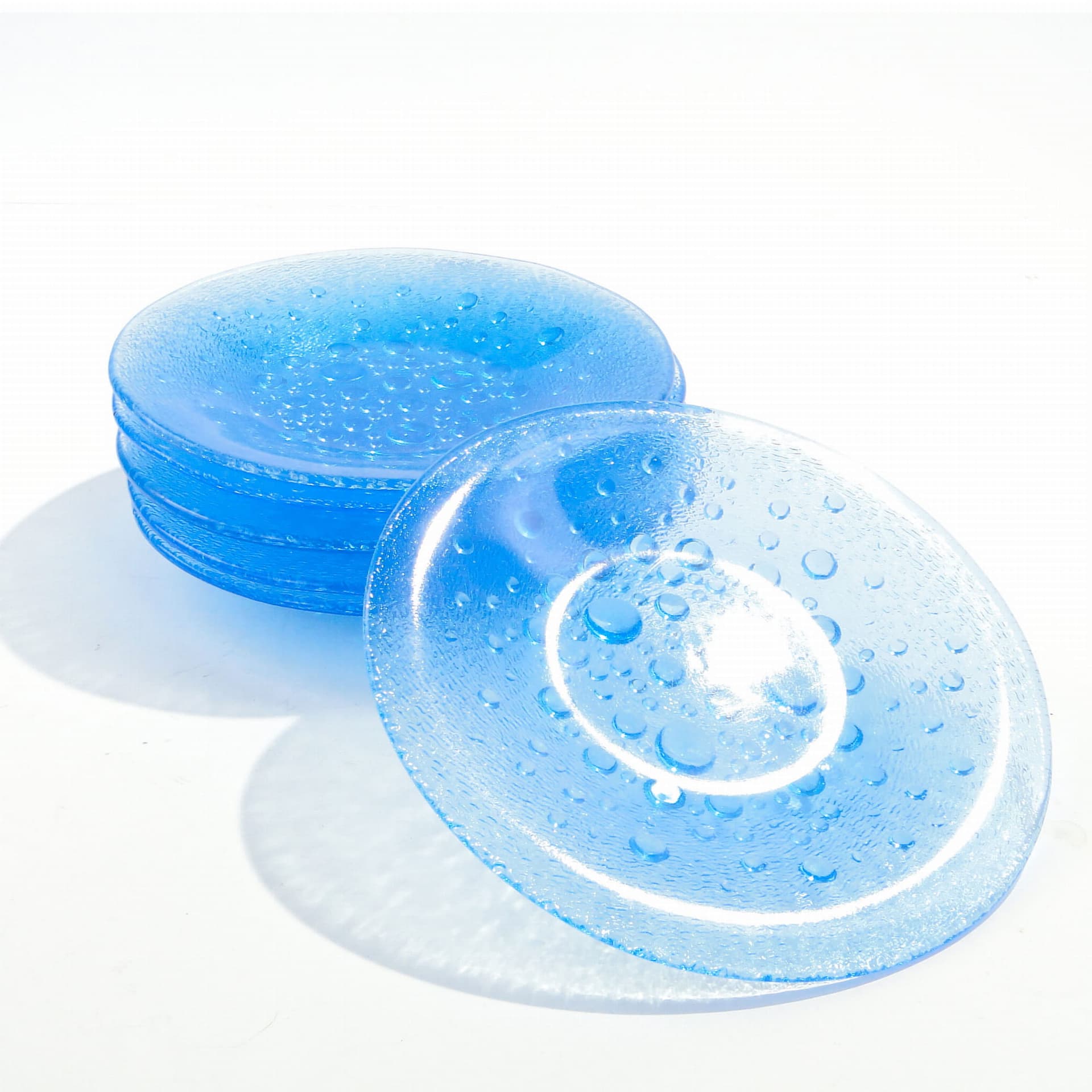 Set of dessert plates Asteroid, blue glass, by J. S. Drost, Ząbkowice, Poland, 1960s. - 192444