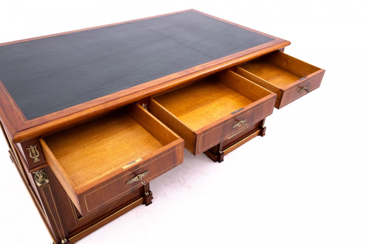 Biurko Empire, brązowy, drewno, skóra naturalna granatowa lub czarna, mosiądz złoty, Francja, XIX w. - 192841