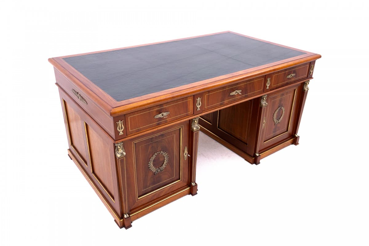 Biurko Empire, brązowy, drewno, skóra naturalna granatowa lub czarna, mosiądz złoty, Francja, XIX w. - 192840