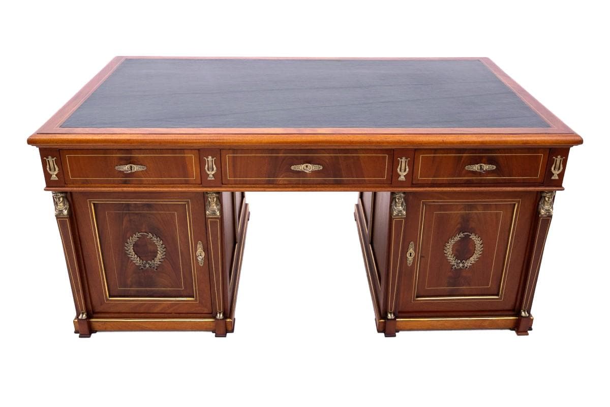 Biurko Empire, brązowy, drewno, skóra naturalna granatowa lub czarna, mosiądz złoty, Francja, XIX w.