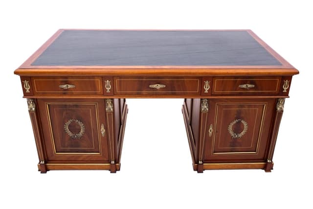 Biurko Empire, brązowy, drewno, skóra naturalna granatowa lub czarna, mosiądz złoty, Francja, XIX w. - WYMIARY