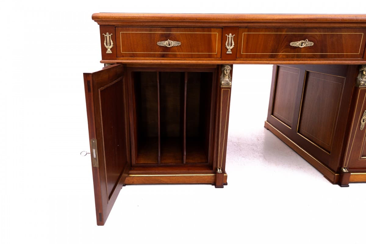 Biurko Empire, brązowy, drewno, skóra naturalna granatowa lub czarna, mosiądz złoty, Francja, XIX w. - 192842