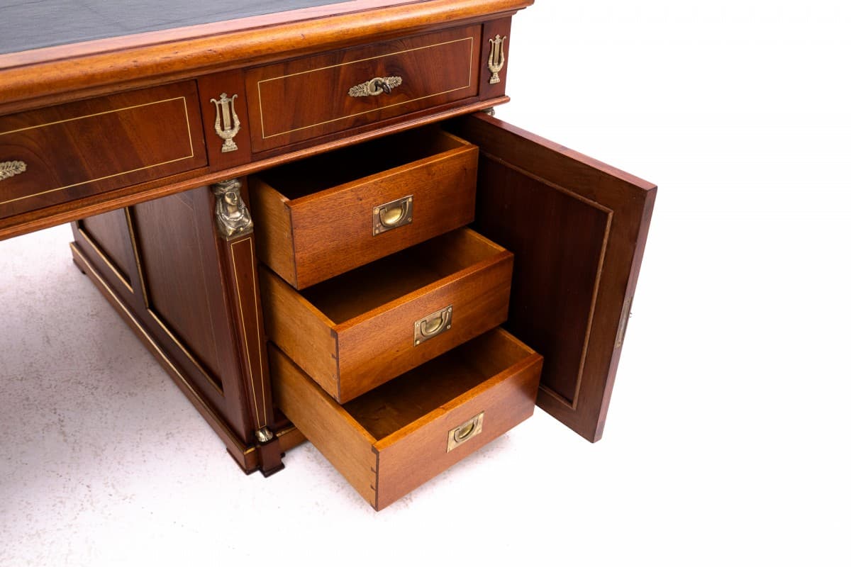 Biurko Empire, brązowy, drewno, skóra naturalna granatowa lub czarna, mosiądz złoty, Francja, XIX w. - 192843