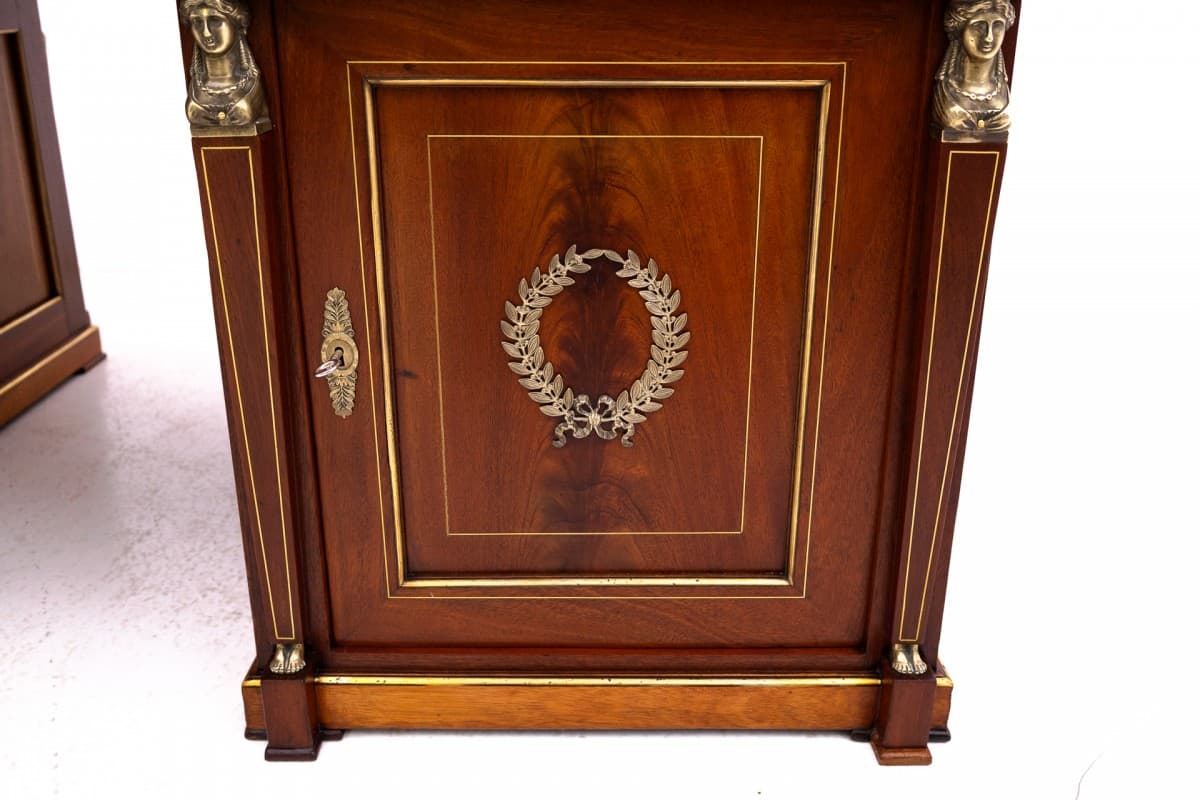 Biurko Empire, brązowy, drewno, skóra naturalna granatowa lub czarna, mosiądz złoty, Francja, XIX w. - 192850