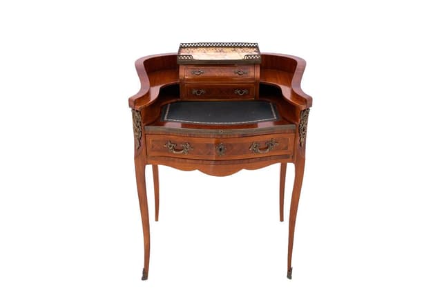 Biurko damskie, styl Ludwika XV, orzech brązowy, skóra czarna, mosiądz złoty, marmur kremowy, Francja, początek XX w. - WYMIARY