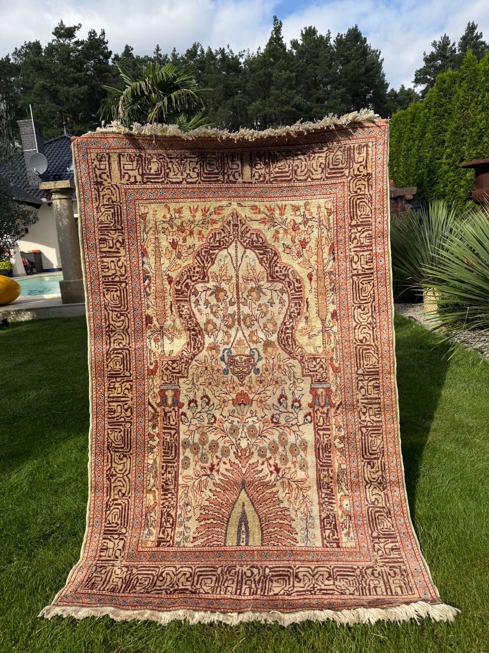 Dywan Kayserie 190x115 cm, jedwab beżowy, Turcja, lata 70. - 193808