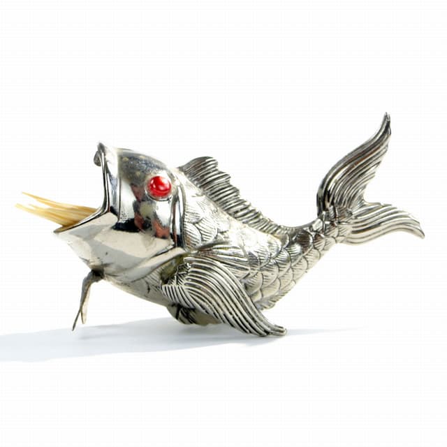 Toothpick Holder Fish, Art Deco, Silver Metal, Spain, 1950s - DIMENSION