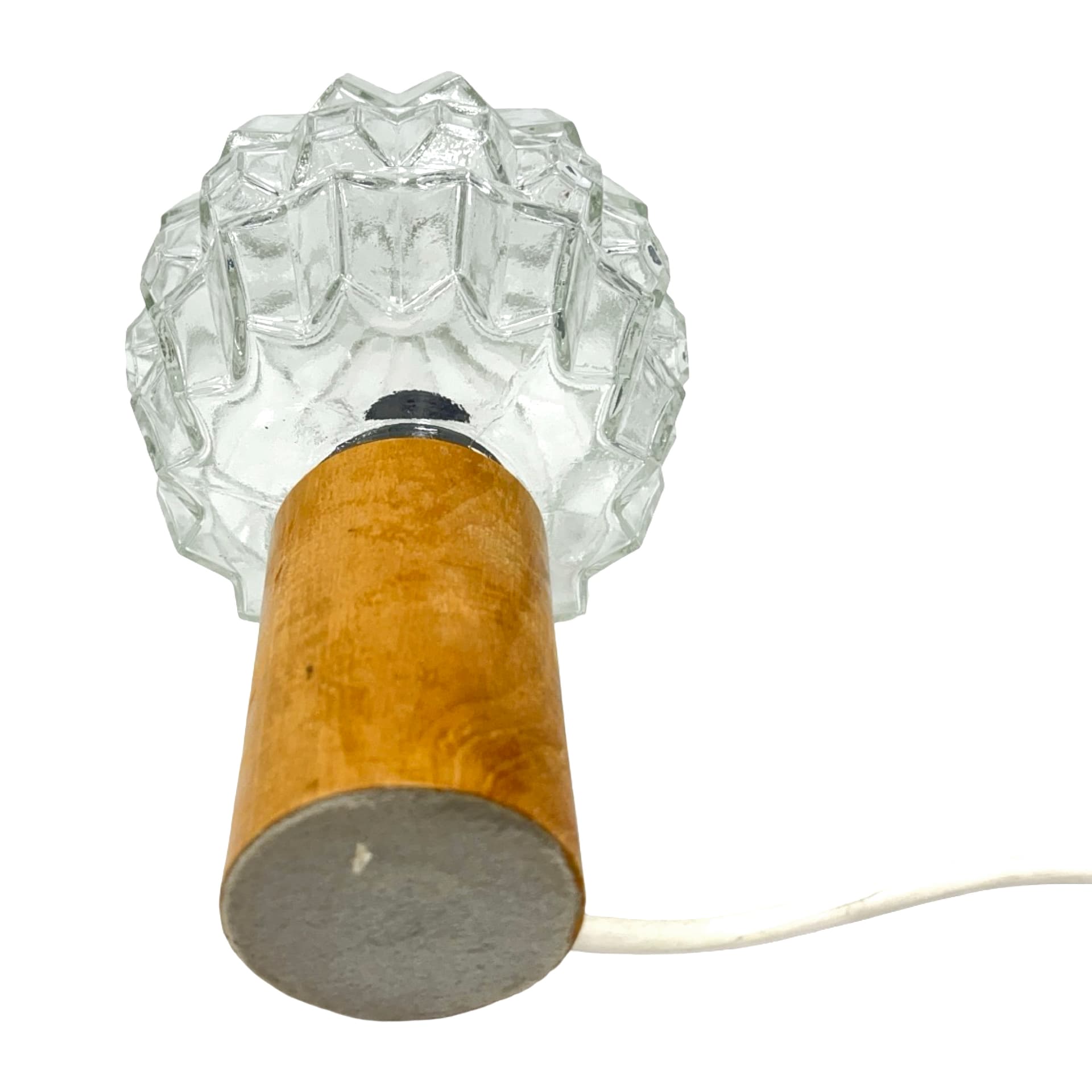 Lampka stołowa, prasowane szkło transparentne, drewno jasnobrązowe, AKA Leuchten, Niemcy, lata 70. - 194013