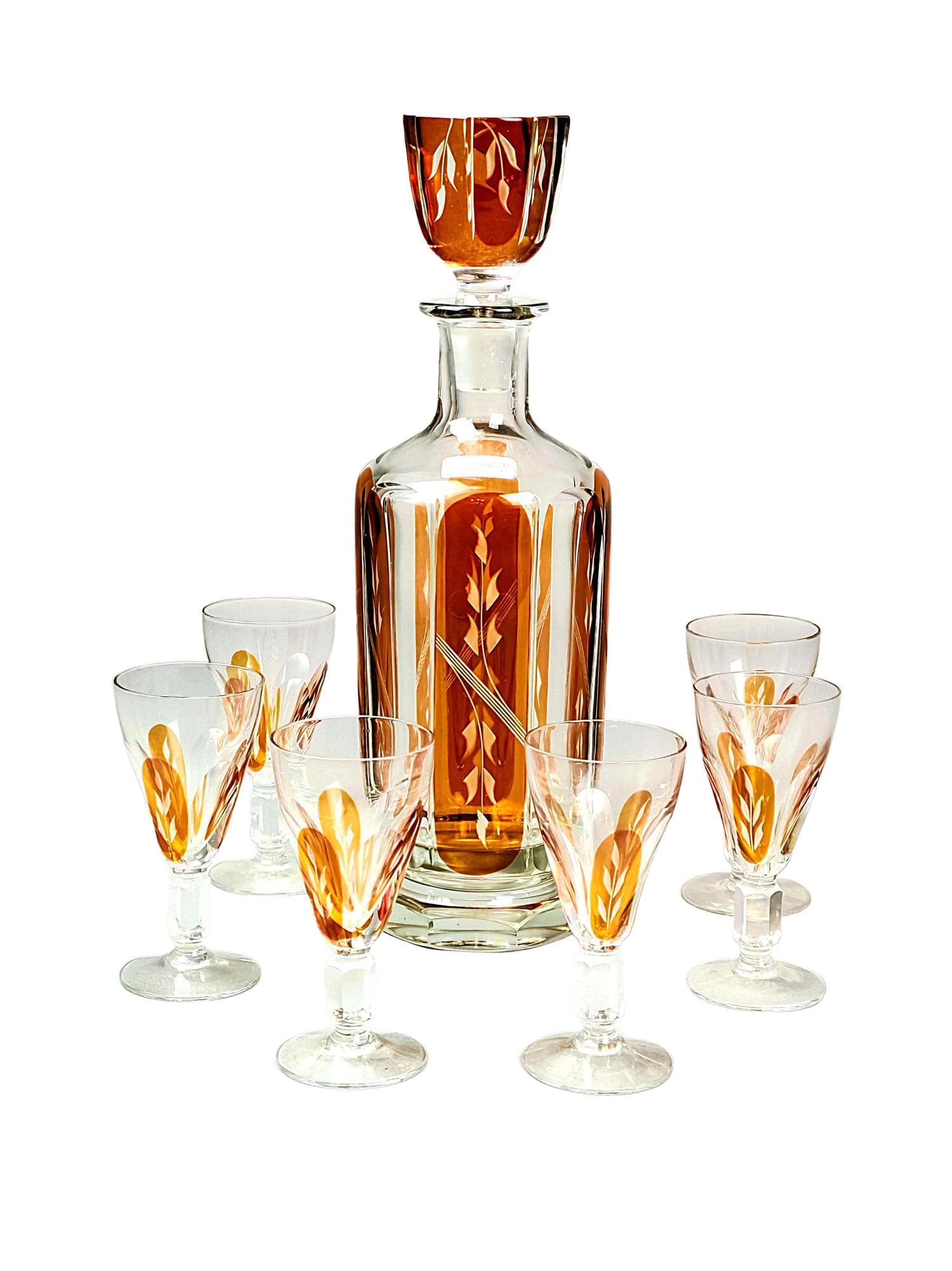 Zestaw kieliszków z karafką, art déco, szkło kryształowe przezroczyste bursztynowy, Europa, początek XX w.
