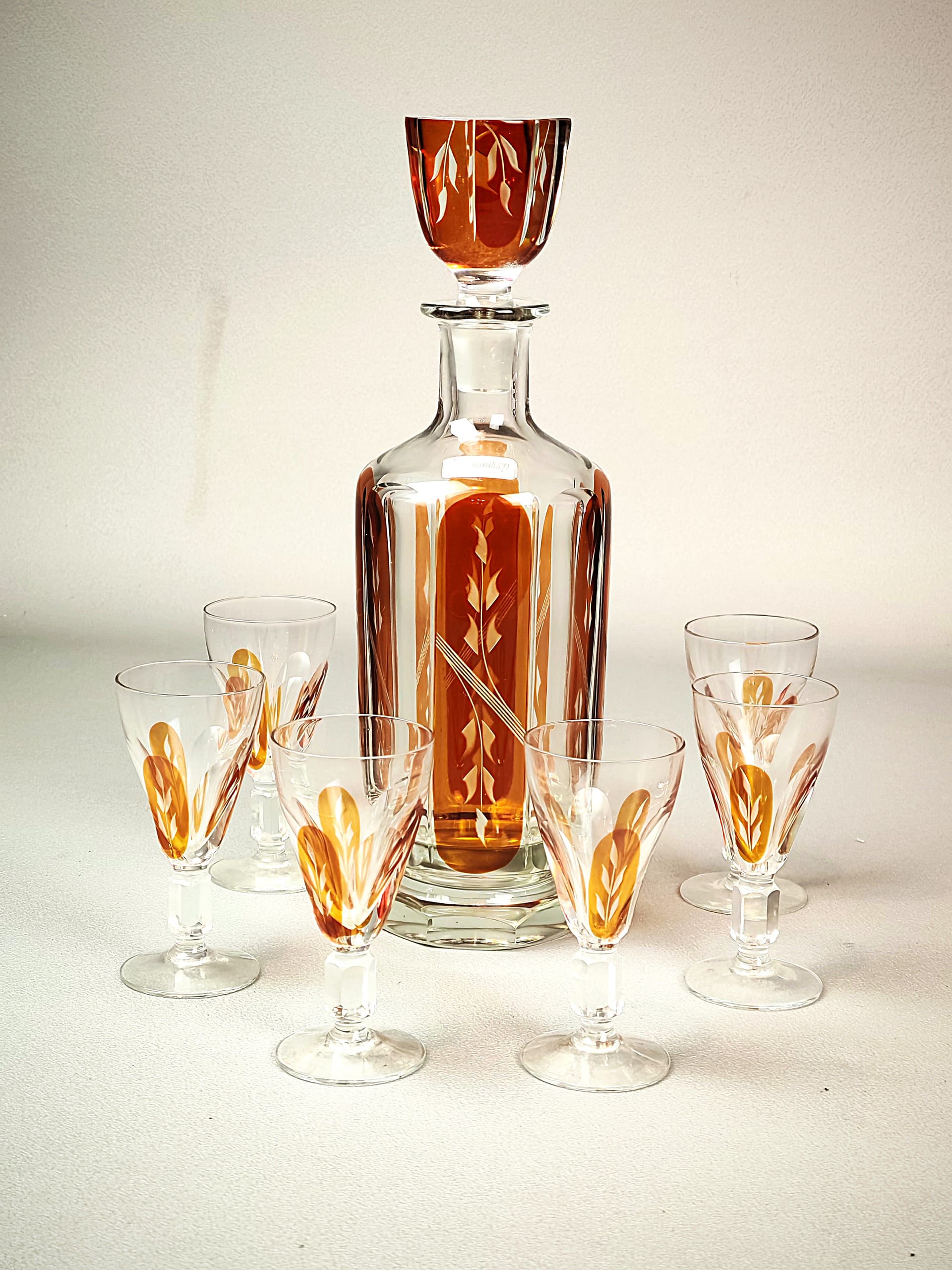 Zestaw kieliszków z karafką, art déco, szkło kryształowe przezroczyste bursztynowy, Europa, początek XX w. - 194890