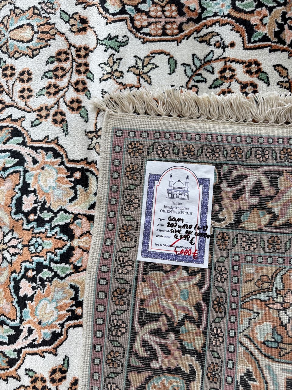 Rug Ghoum, 200x120 cm, ivory white silk, India - 195118