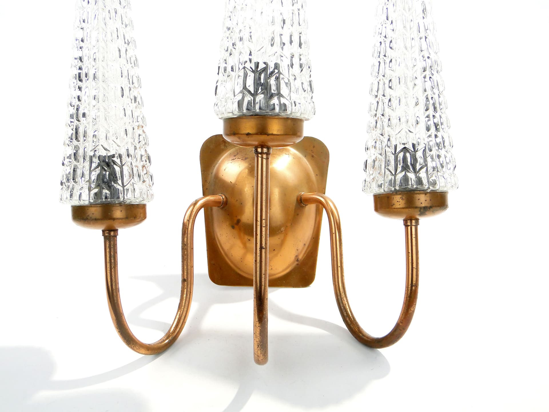 Three-Arm Wall Sconce, copper, glass, Poland, 1970s - 1349