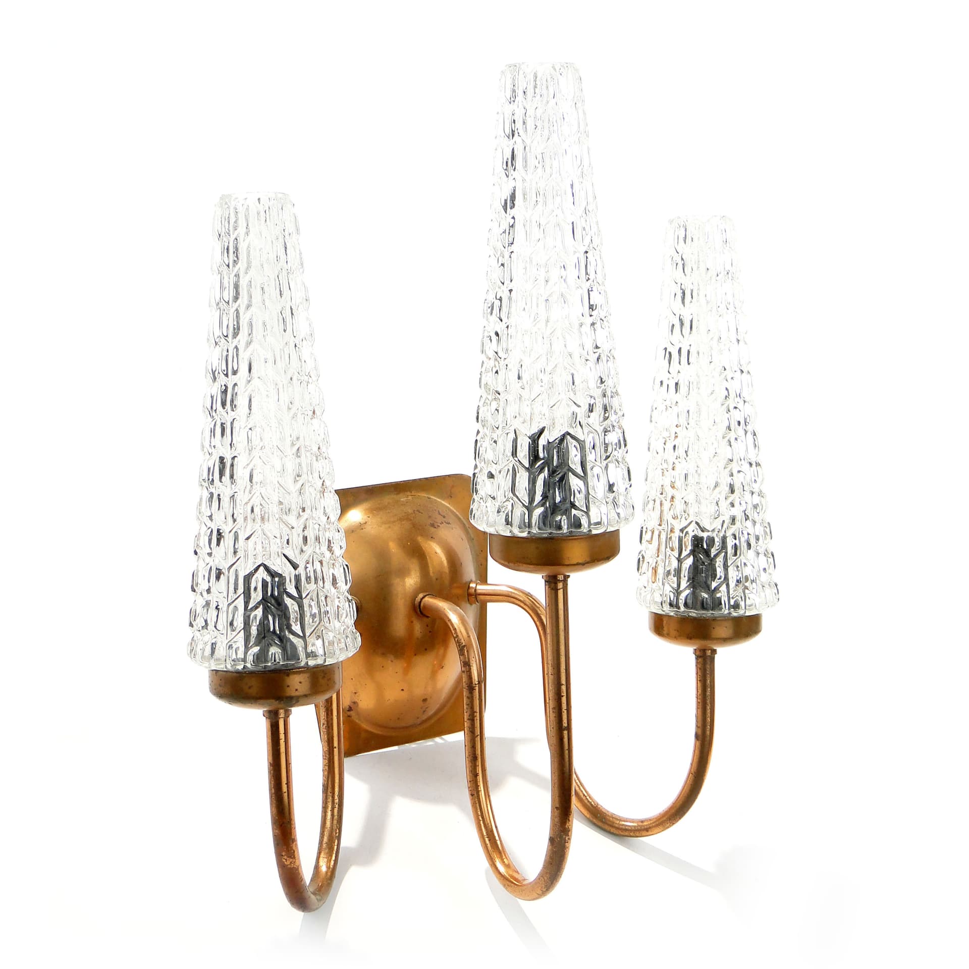 Three-Arm Wall Sconce, copper, glass, Poland, 1970s - 1350