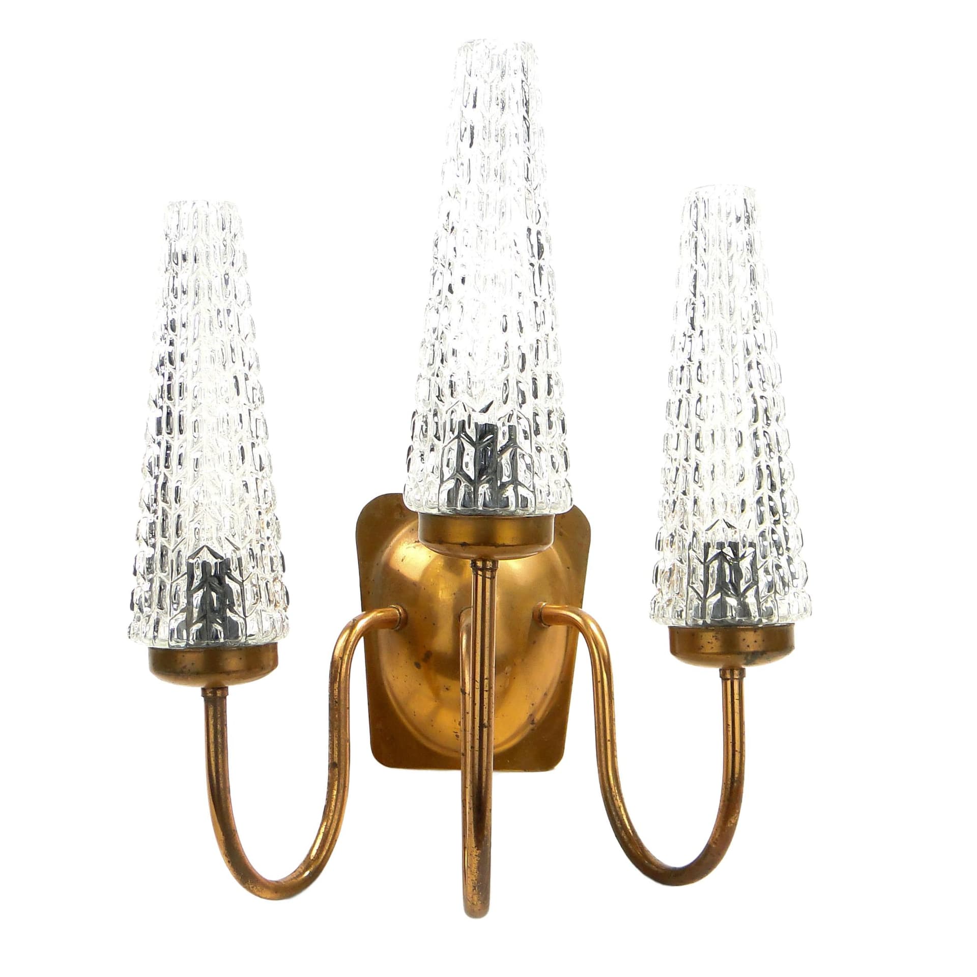 Three-Arm Wall Sconce, copper, glass, Poland, 1970s