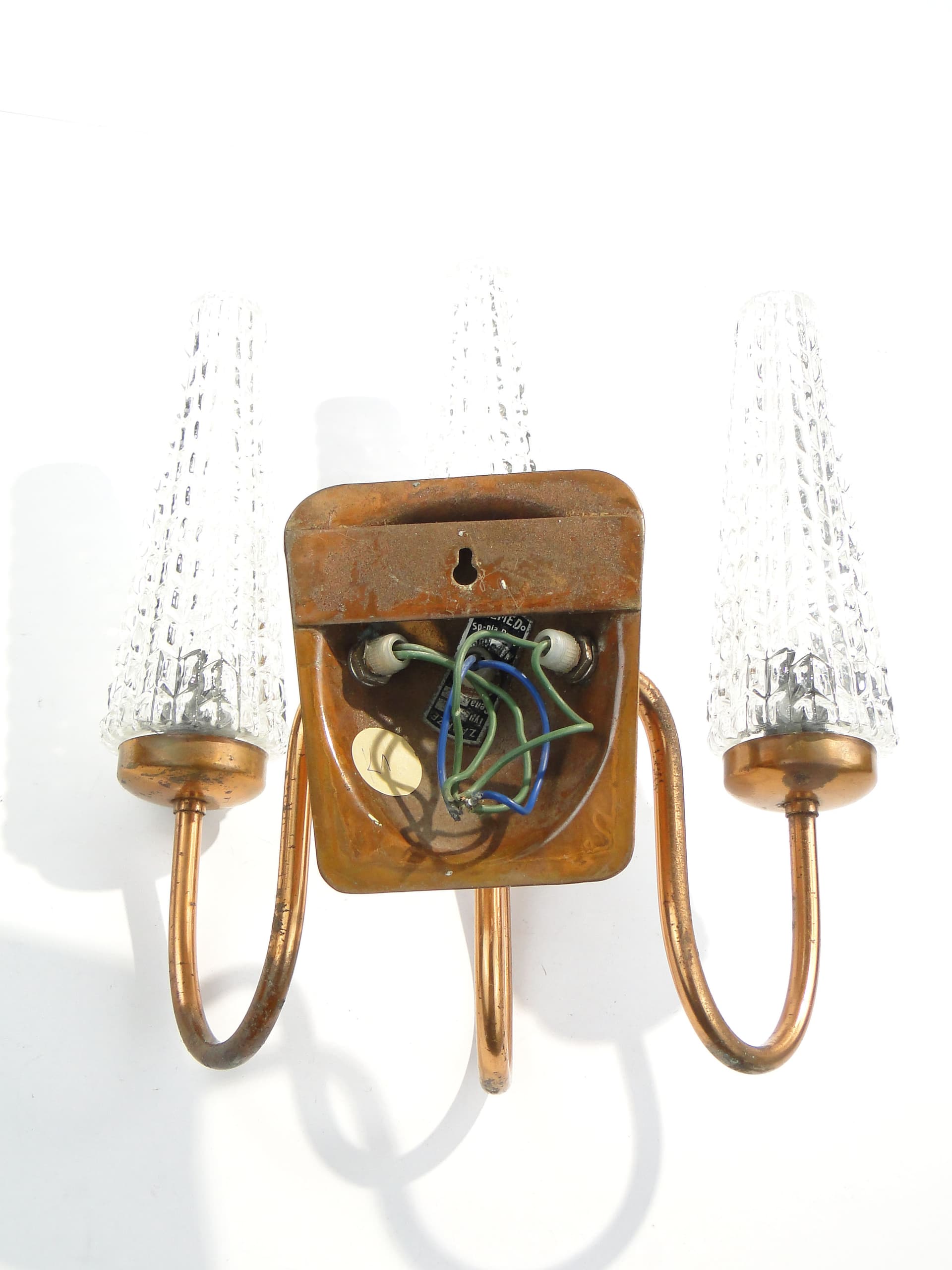 Three-Arm Wall Sconce, copper, glass, Poland, 1970s - 1353