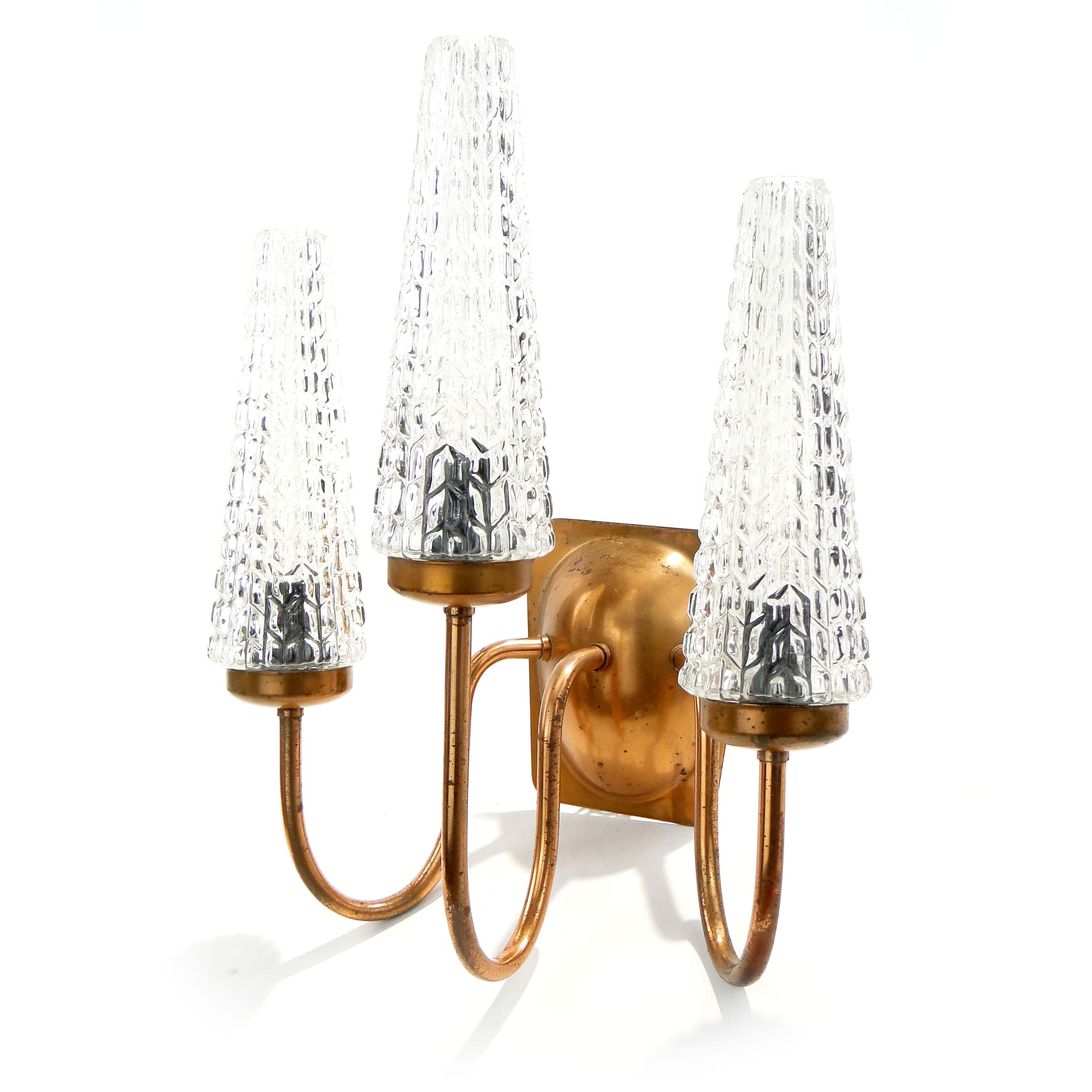 Three-Arm Wall Sconce, copper, glass, Poland, 1970s - 1351