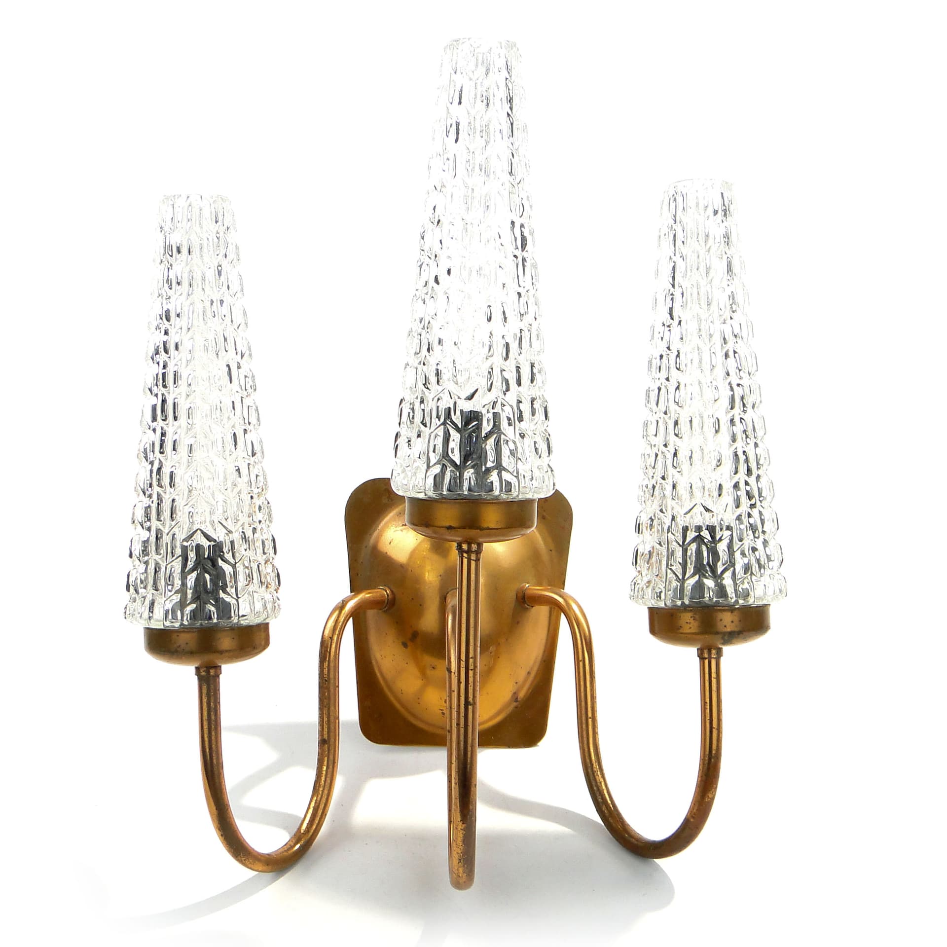 Three-Arm Wall Sconce, copper, glass, Poland, 1970s - 1347