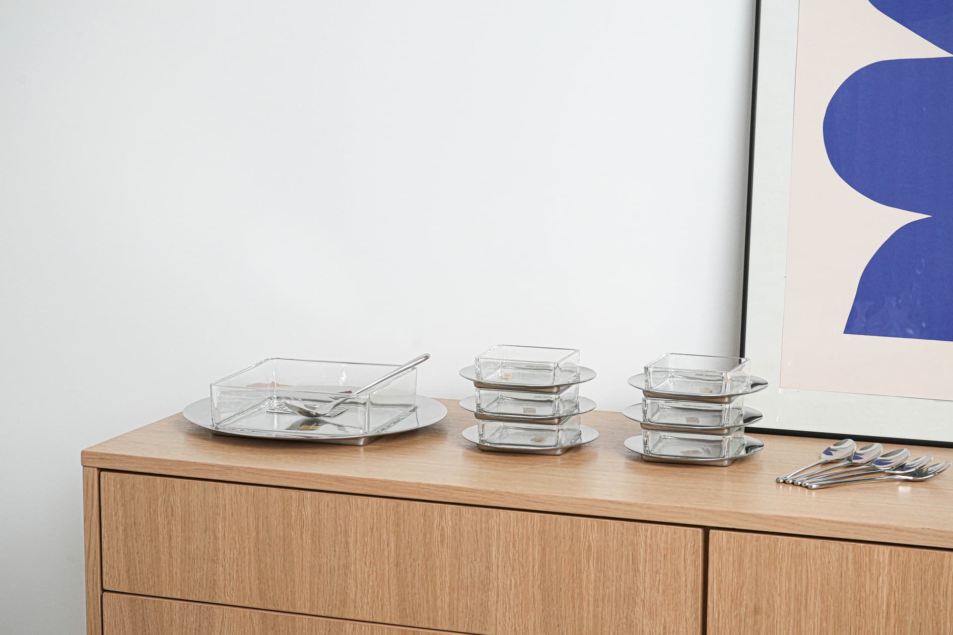 Komplet deserowy, szkło przezroczyste, stal nierdzewna srebrna, Włochy, lata 70. - 195900