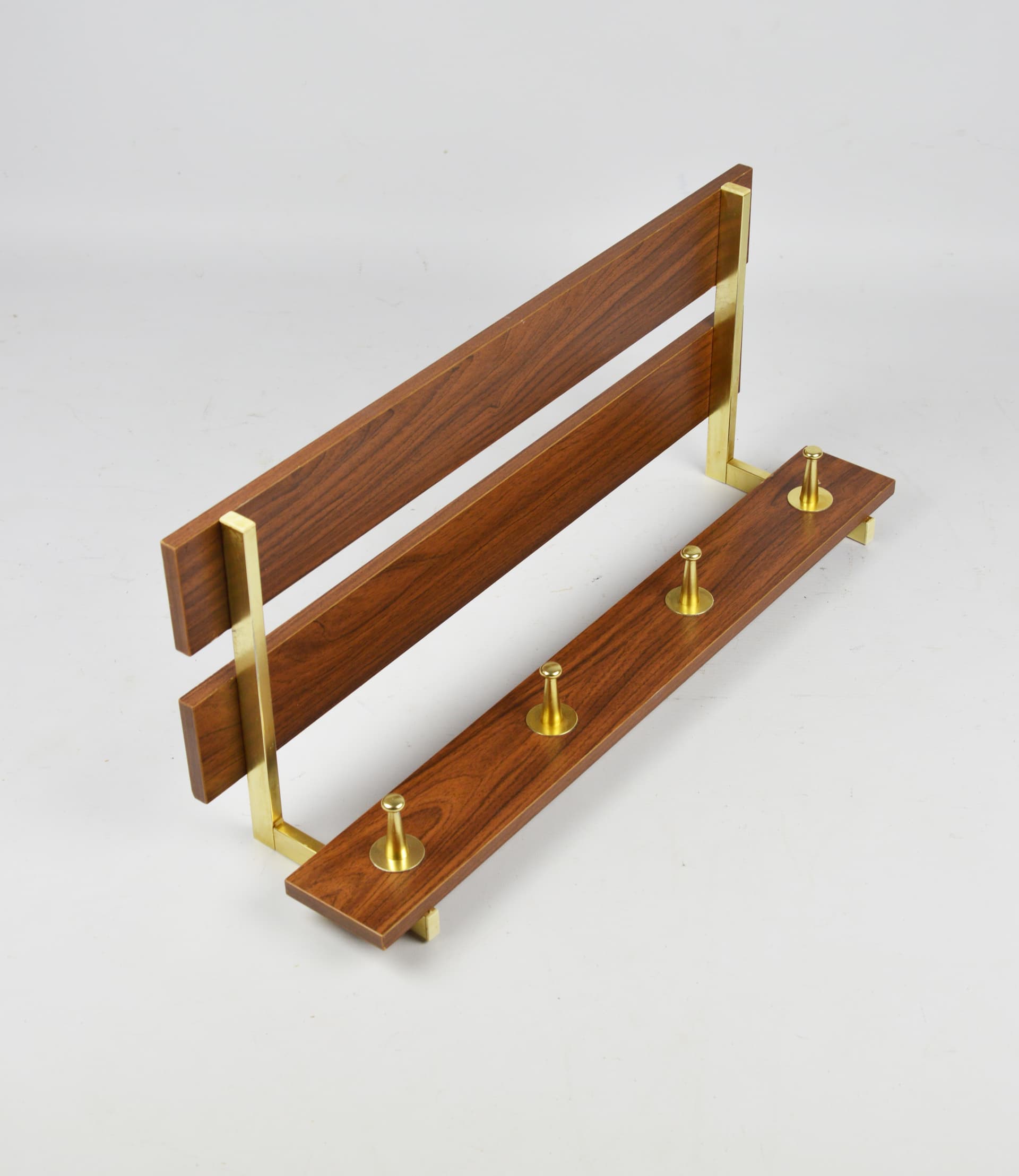 Wall-mounted coat rack, light brown wood, brass, 1970s. - 195988