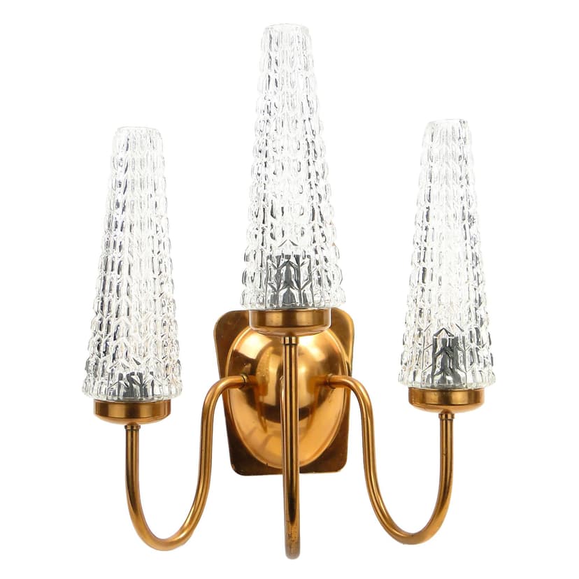 Three-arm wall sconce, copper, glass, Poland, 1970s.