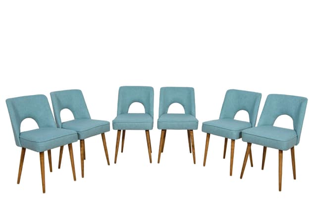 Komplet sześciu krzeseł Muszelka, drewno orzech, tkanina niebieska, Polska, lata 60. - WYMIARY