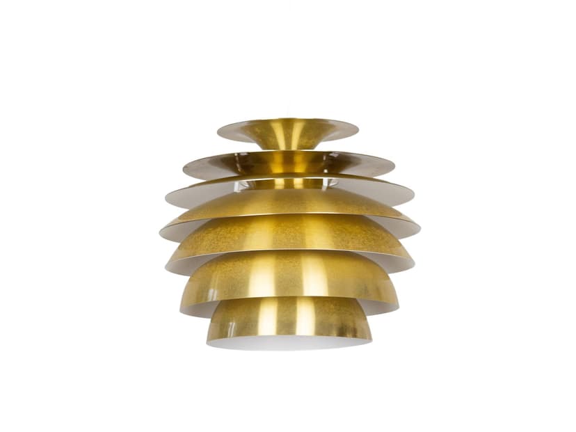 Lampa wisząca Barcelona, złoty metal, proj. B. Karlby, Lyfa, Dania, lata 70.