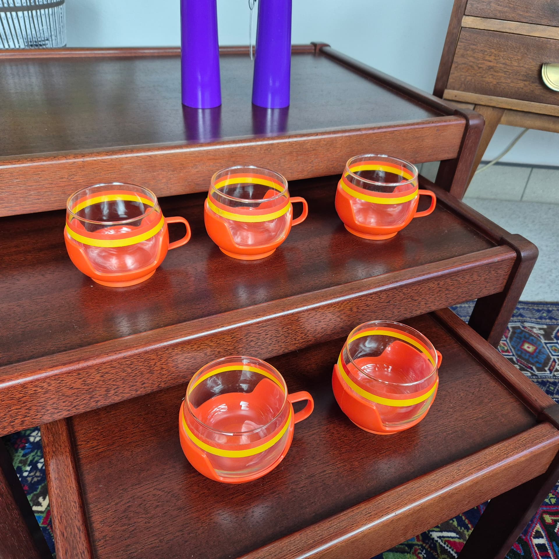 Komplet szklanek, multicolor szkło, plastik pomarańczowy, Niemcy, lata 60. - 197045