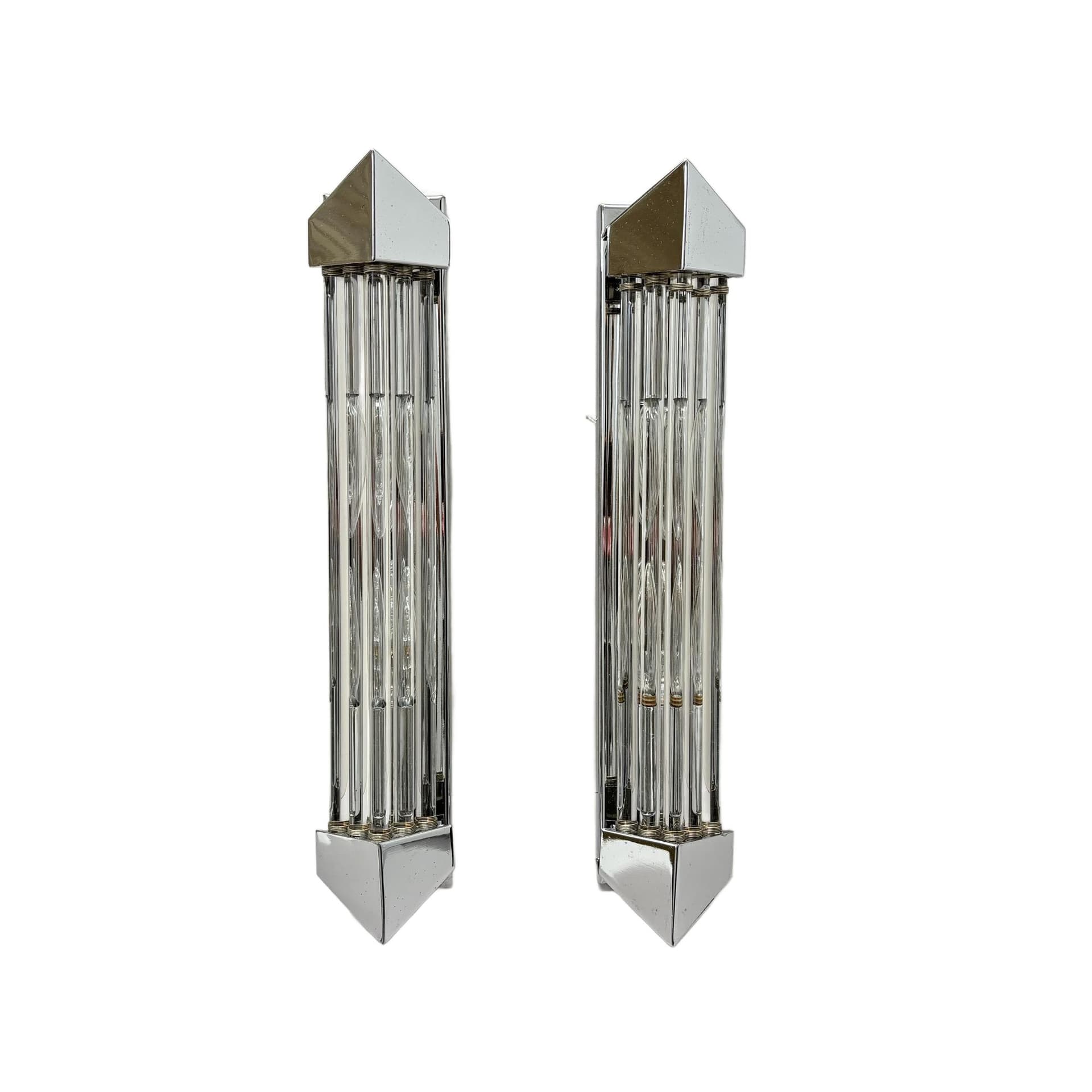 Para kinkietów, chromowana stal srebrna, szkło przezroczyste, Włochy, lata 80.