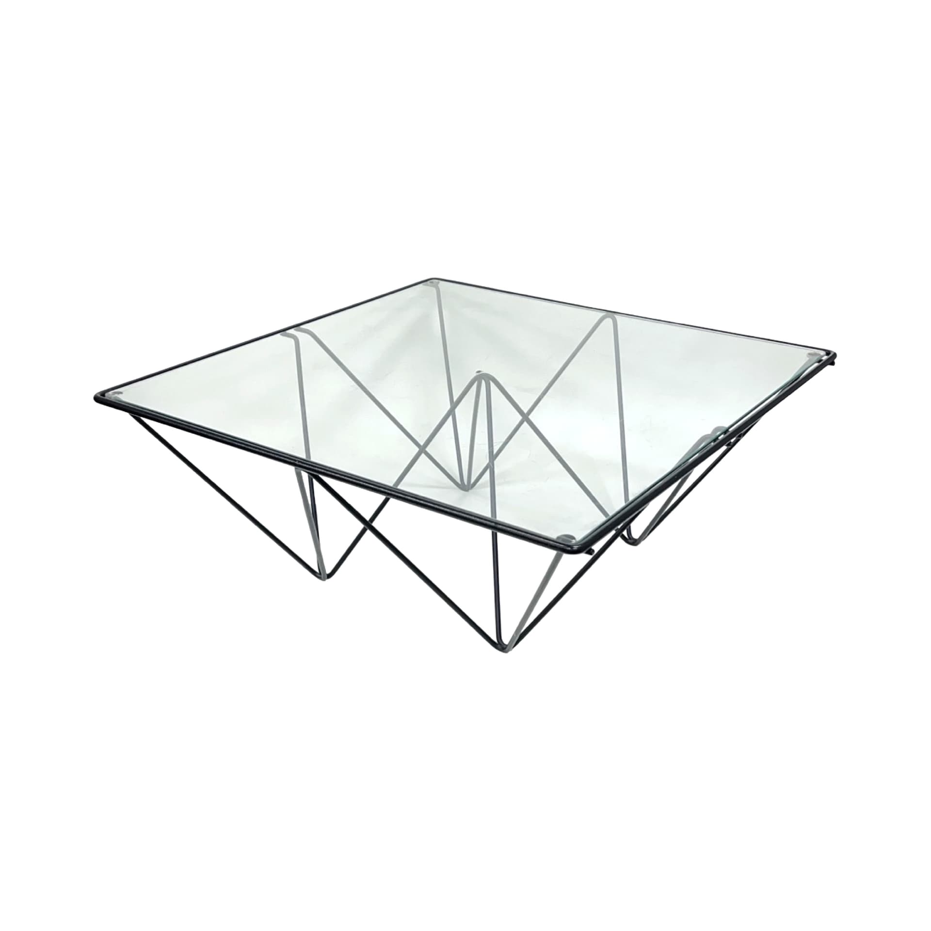 Stolik kawowy Alanda, metal czarny, szkło przezroczyste, proj. P. Piva, Włochy, lata 80. - 197459