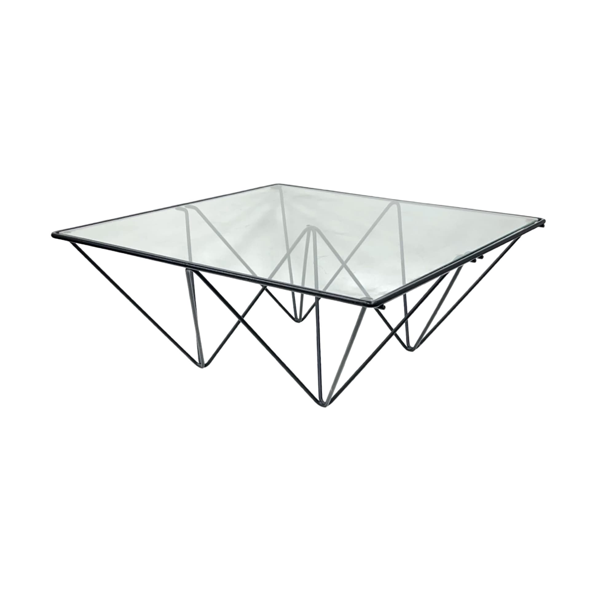 Stolik kawowy Alanda, metal czarny, szkło przezroczyste, proj. P. Piva, Włochy, lata 80. - 197458