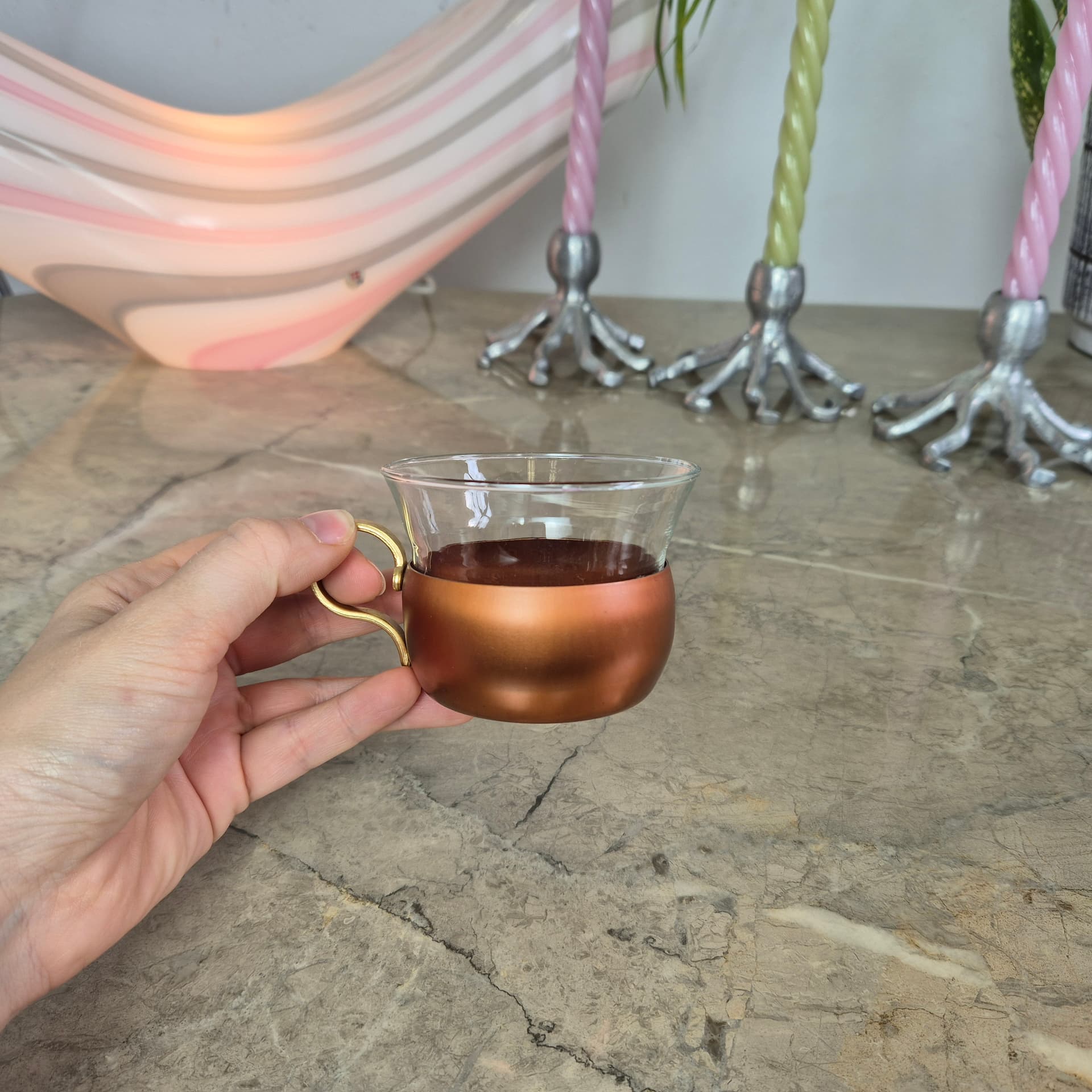 Komplet szklanek z tacą, szkło transparentne, miedź, mosiądz złoty, Schott & Mainz, Niemcy, lata 70. - 197501