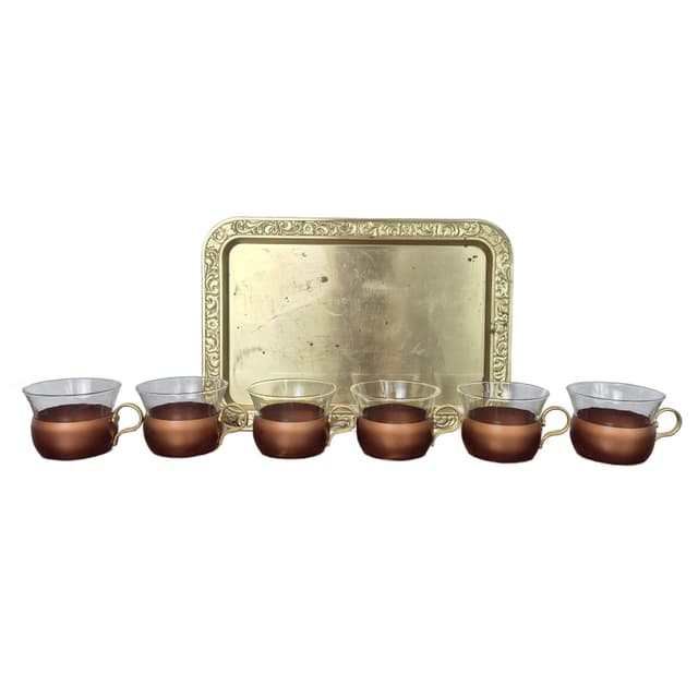 Komplet szklanek z tacą, szkło transparentne, miedź, mosiądz złoty, Schott & Mainz, Niemcy, lata 70. - WYMIARY