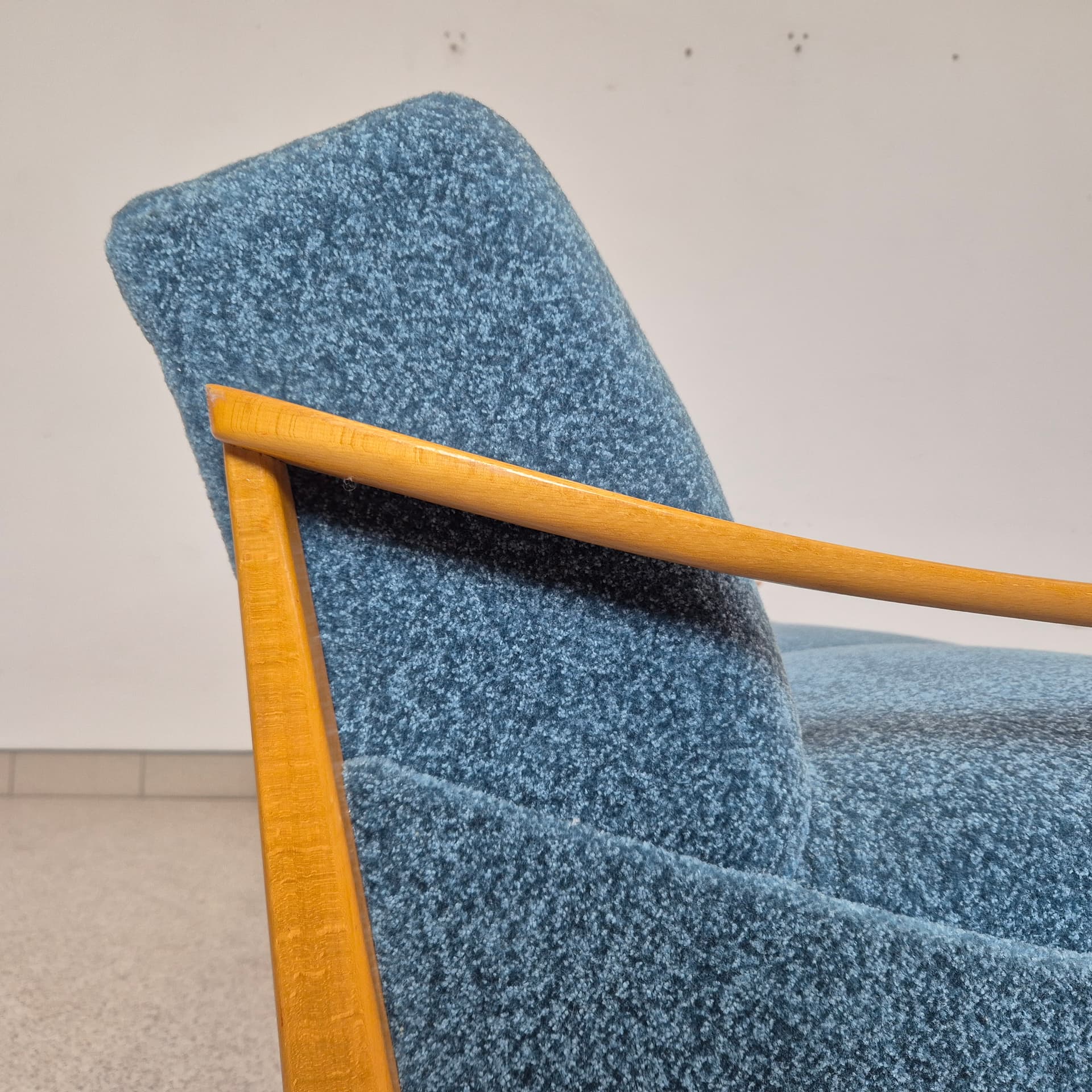 Sofa Bed, turquoise bouclé, honey wood, Germany, 1960s. - 197666