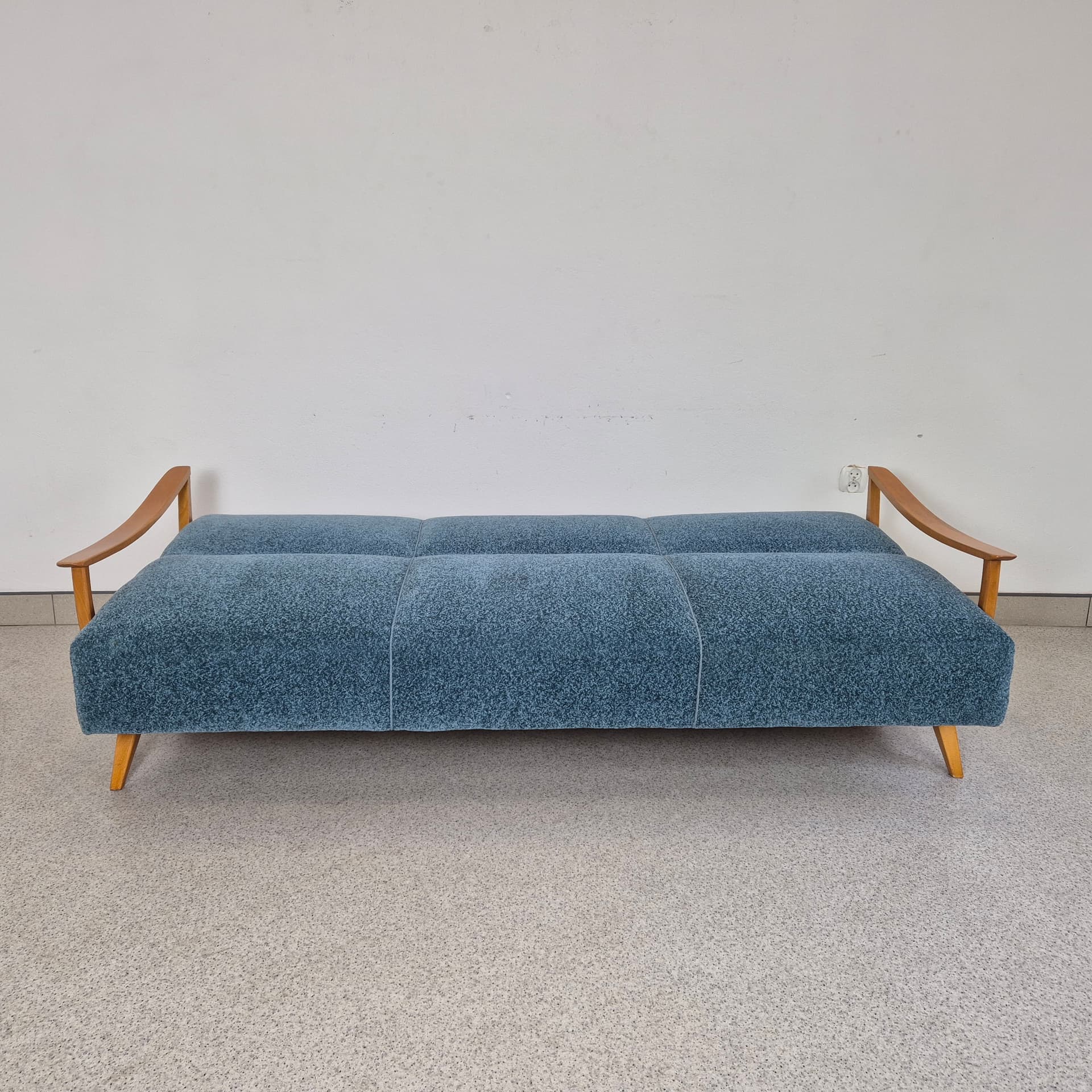 Sofa Bed, turquoise bouclé, honey wood, Germany, 1960s. - 197668