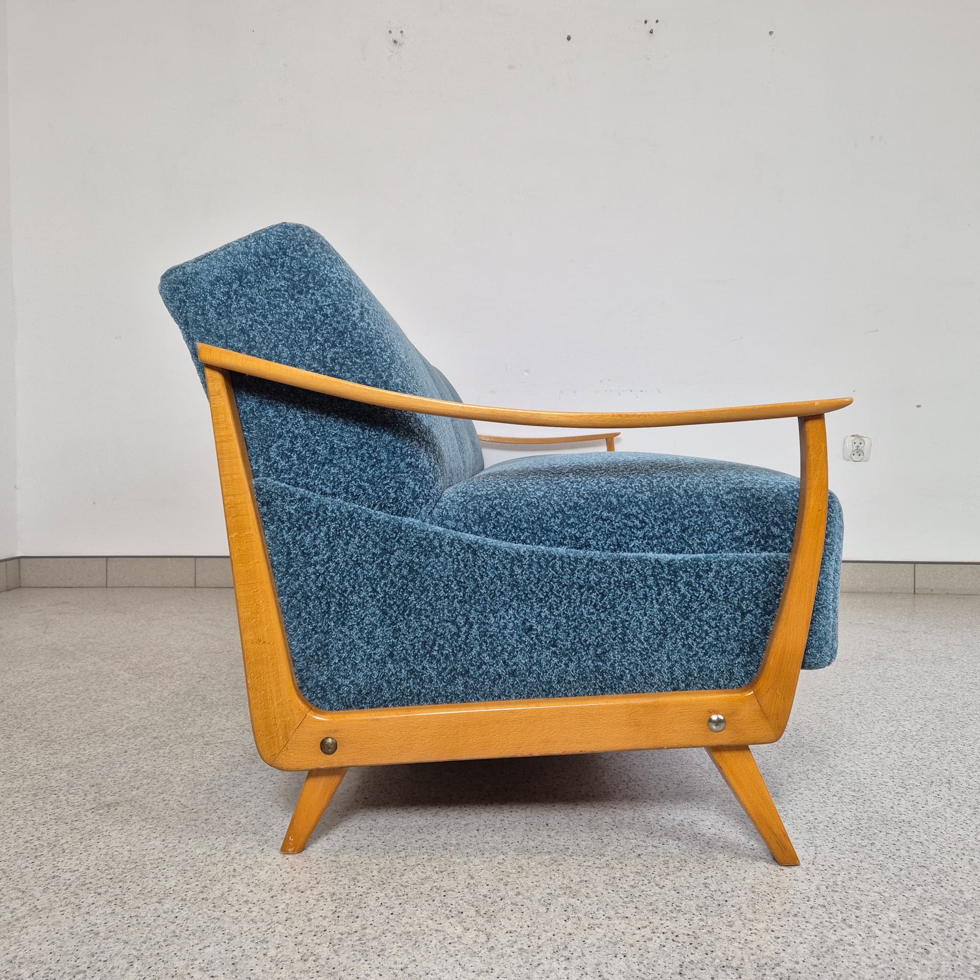 Sofa Bed, turquoise bouclé, honey wood, Germany, 1960s. - 197665