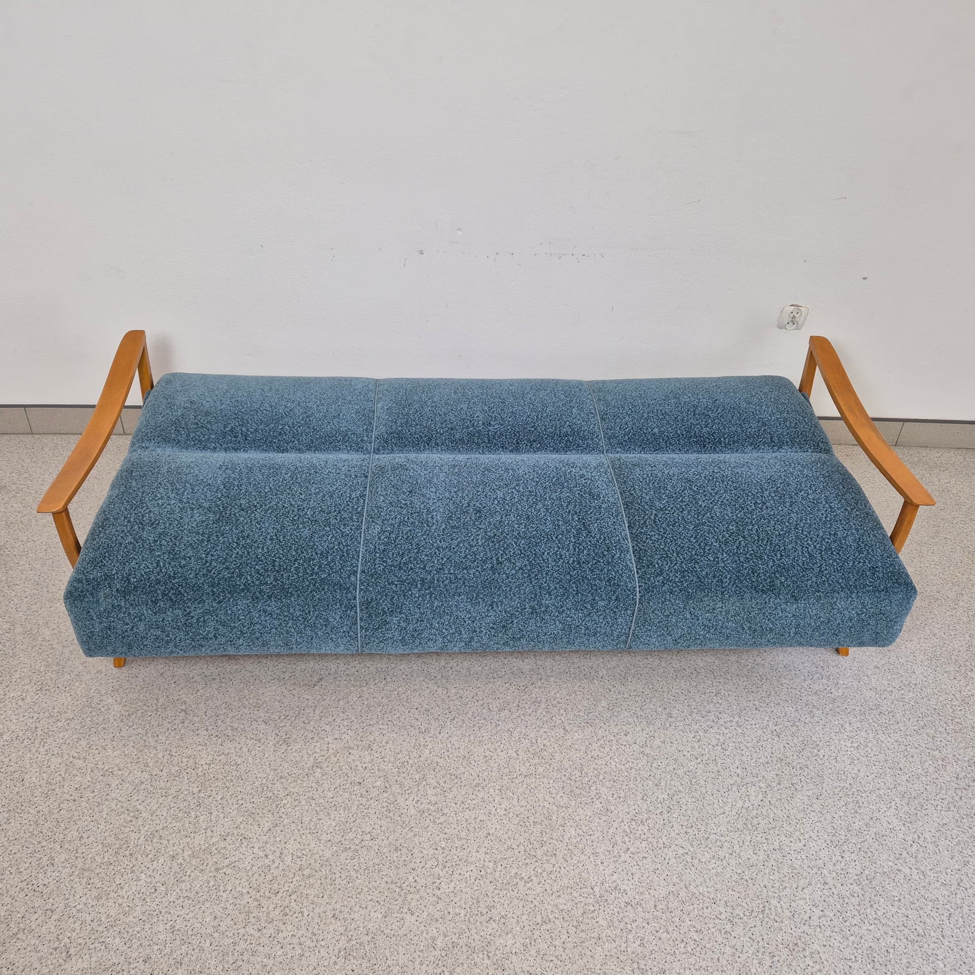 Sofa Bed, turquoise bouclé, honey wood, Germany, 1960s. - 197669
