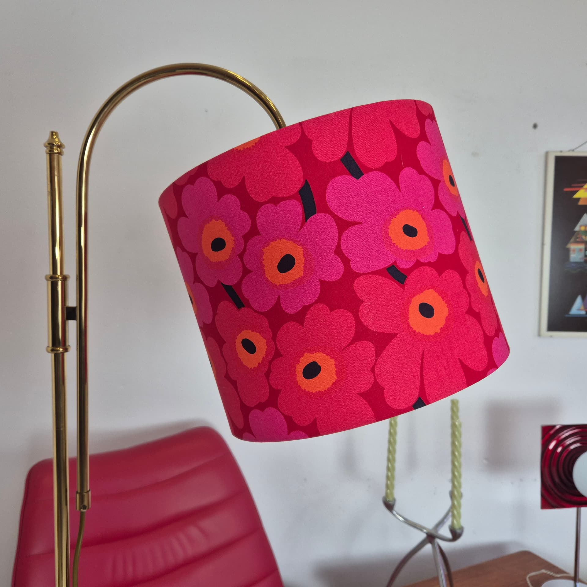 Floor lamp, Marimekko lampshade, golden brass, Marimekko, Germany, 1970s. - 197803