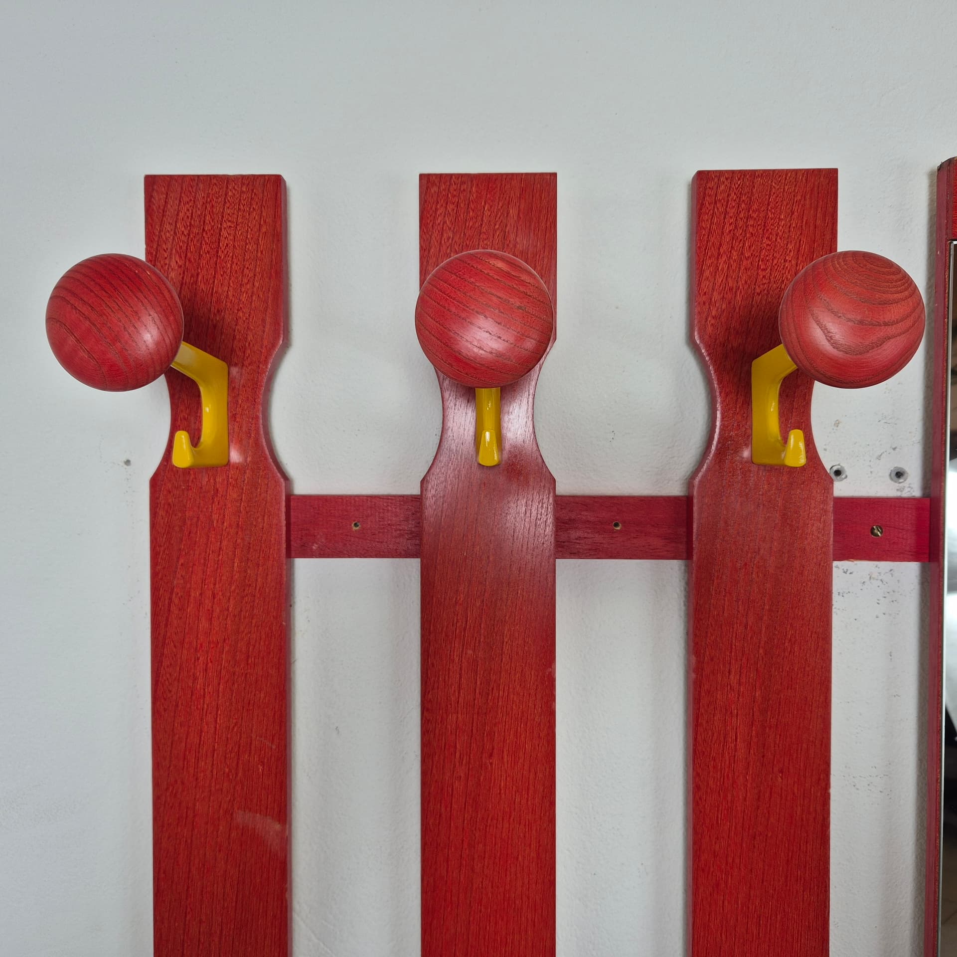 Wall-Mounted Coat Rack Memphis, red, wood metal glass, Germany, 1970s. - 197813