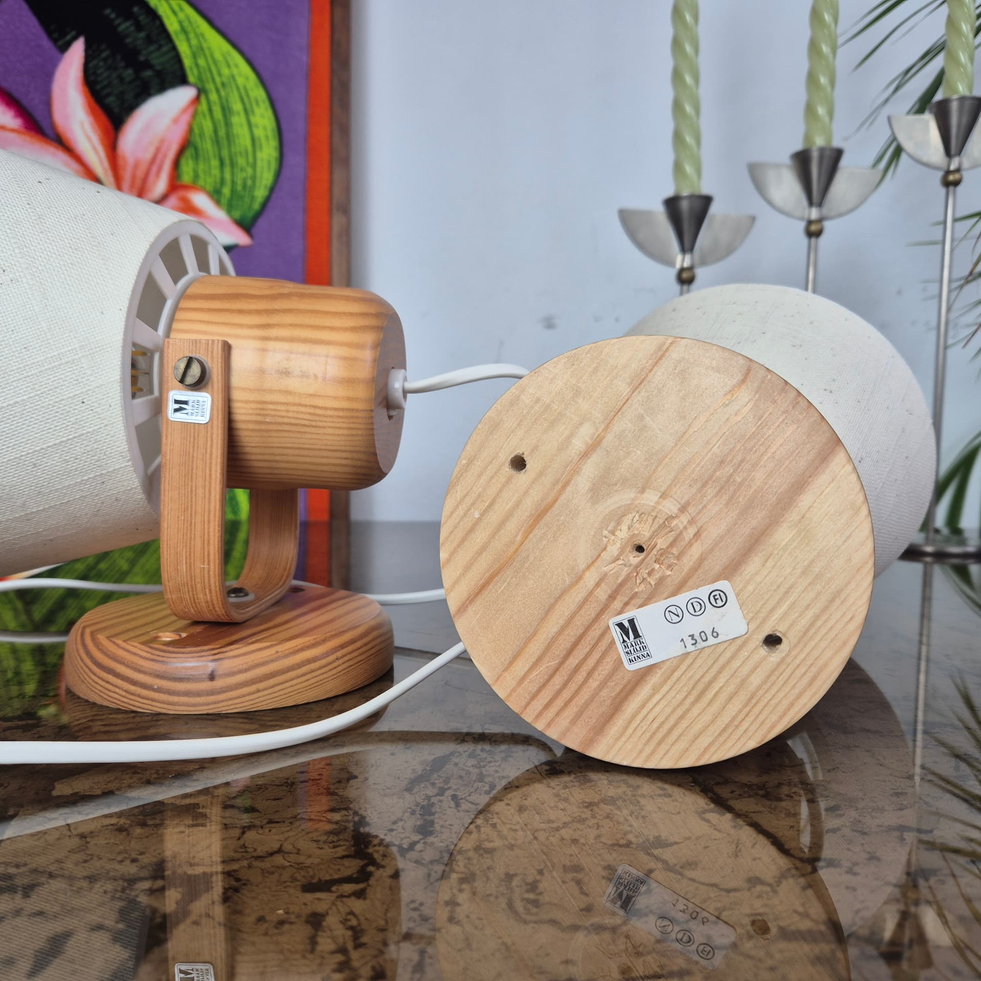 Para kinkietów Kinna, sosna, tkanina ivory white, Markslöjd, Szwecja, lata 70. - 197860