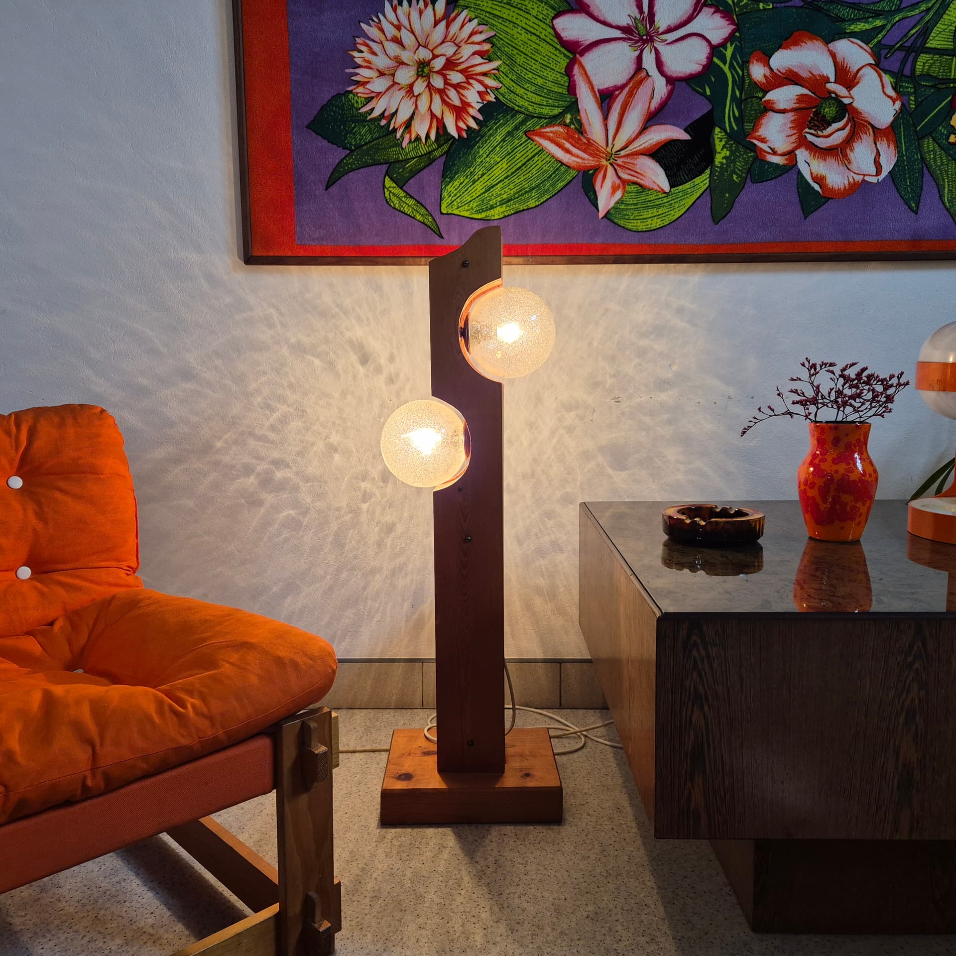 Lampa podłogowa Totem, brązowy jasny, drewno, szkło, metal, Temde, Szwajcaria, lata 60. - 197964