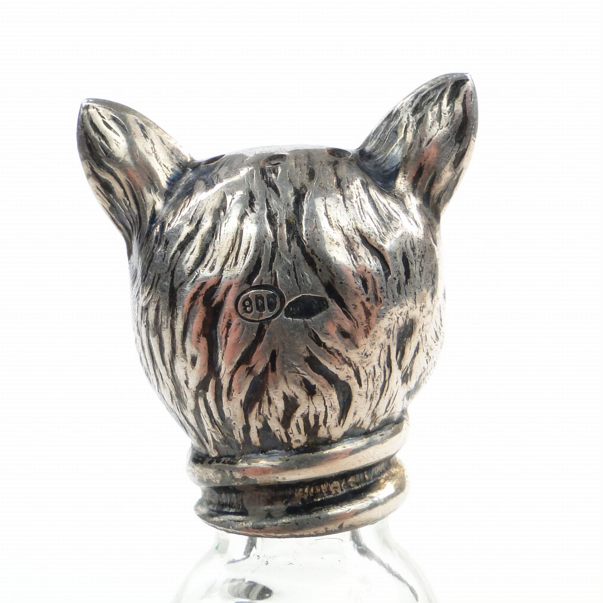 Salt Shaker Cat, transparent, crystal glass, silver, Germany, 19th c. - 198181
