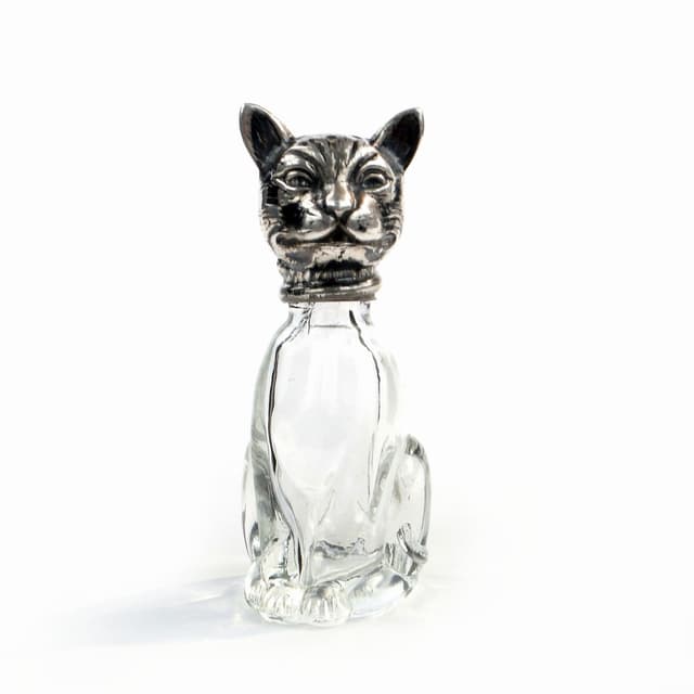 Salt Shaker Cat, transparent, crystal glass, silver, Germany, 19th c. - DIMENSION