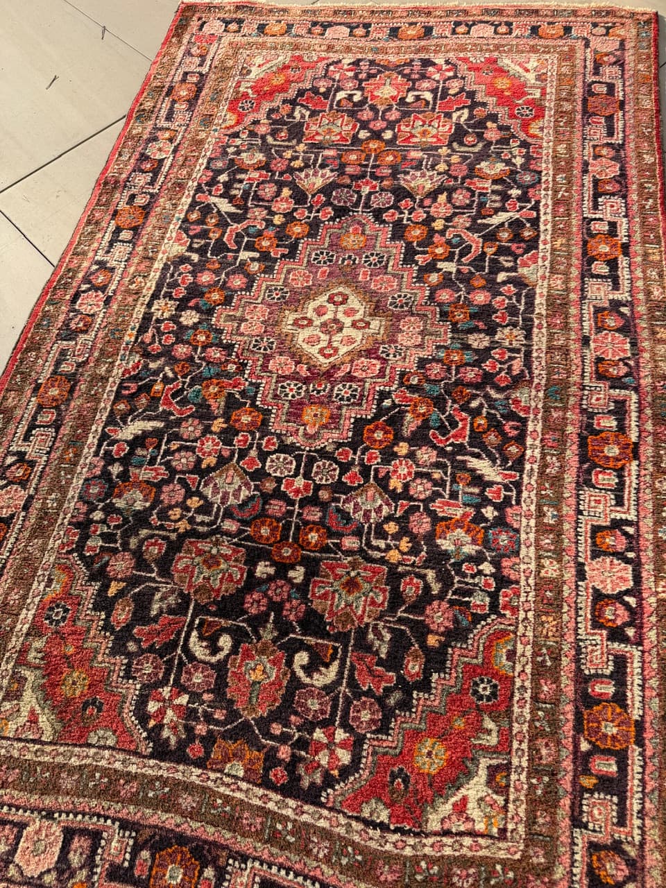 Rug Hamadan 225x130 cm, navy blue, wool, Iran, 1970s. - 198278